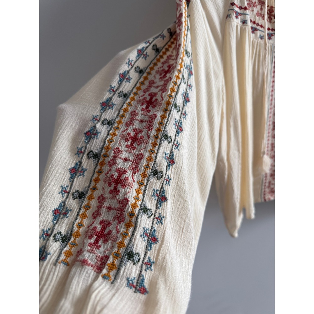 American Eagle Embroidered Large Peasant Blouse Boho Tassel Balloon Sleeve Top - Picture 8 of 12